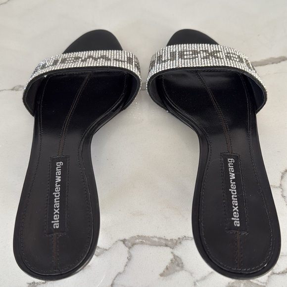 Alexander Wang Black Jo Crystal Logo Slide Silver Sandals Kitten Heel Size 36/ 6 - Picture 4 of 16